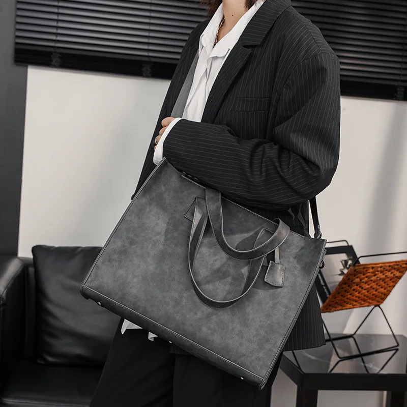 Square horizontal pu leather tote bag zipper large capacity computer storage handheld men's and women's shoulder bag