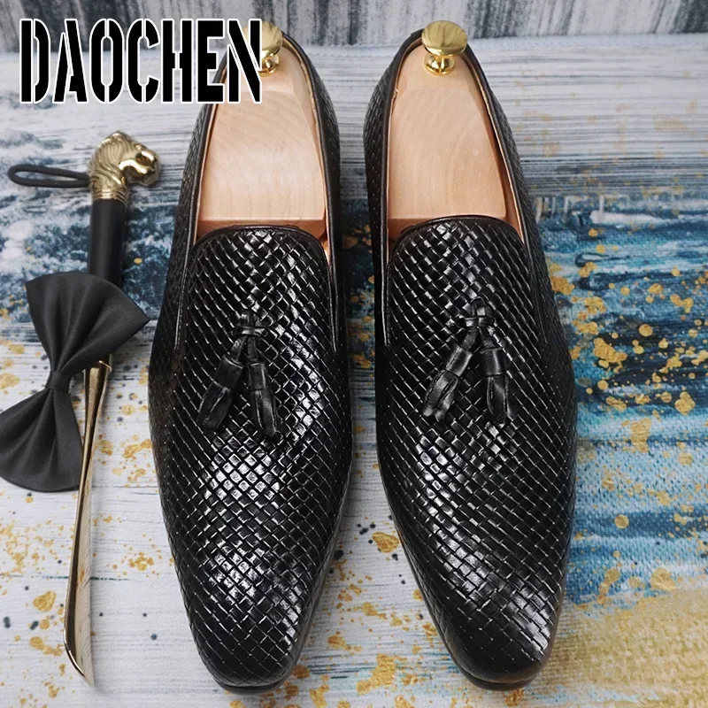 Elegant Men\'s Loafers Shoes Slip On Casual Dress Pointed Toe Shoes Black Office Business Wedding Real Leather For Shoes