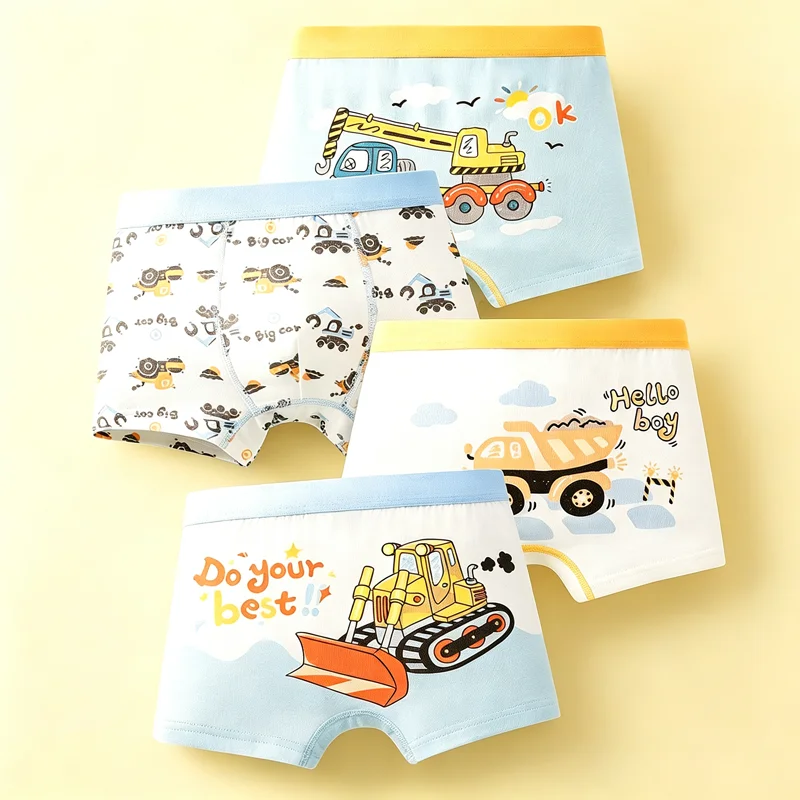 4Pcs Boys Underwear Cartoon Construction Vehicle Boxer Briefs Kids Clothes A-Class Cotton Breathable Soft Children Underpant