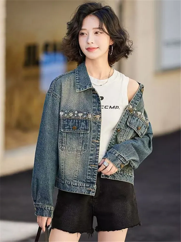 

Весна 2024, короткое пальто с вышивкой и блестками, женская свободная джинсовая куртка BF, топы, женская джинсовая куртка, женские блузки, верхняя одежда, осень