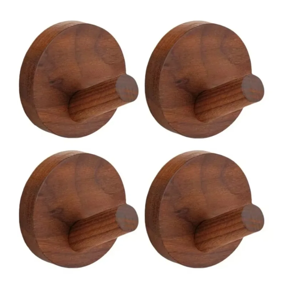 4pcs Beech Walnut Wood Wood Hook Punch Free Simple Design Wall Hook Solid Wood Wood Handle Hanging Hanger Bathroom Organizer