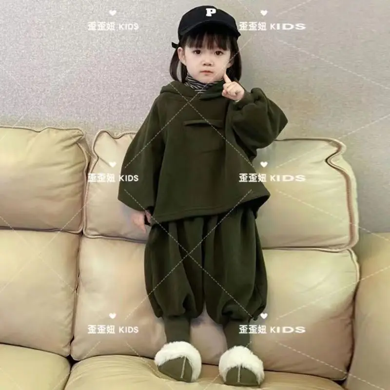 Boys and Girls Universal Suit Autumn and Winter Korean Lazy Wind Hooded Solid Color Sweater Sweatpants