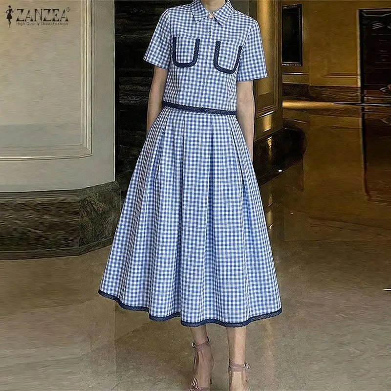 

Элегантные летние деловые костюмы ZANZEA 2026: женский комплект из 2 предметов с пэчворком, блузка с коротким рукавом и плиссированное платье, клетчатые наряды