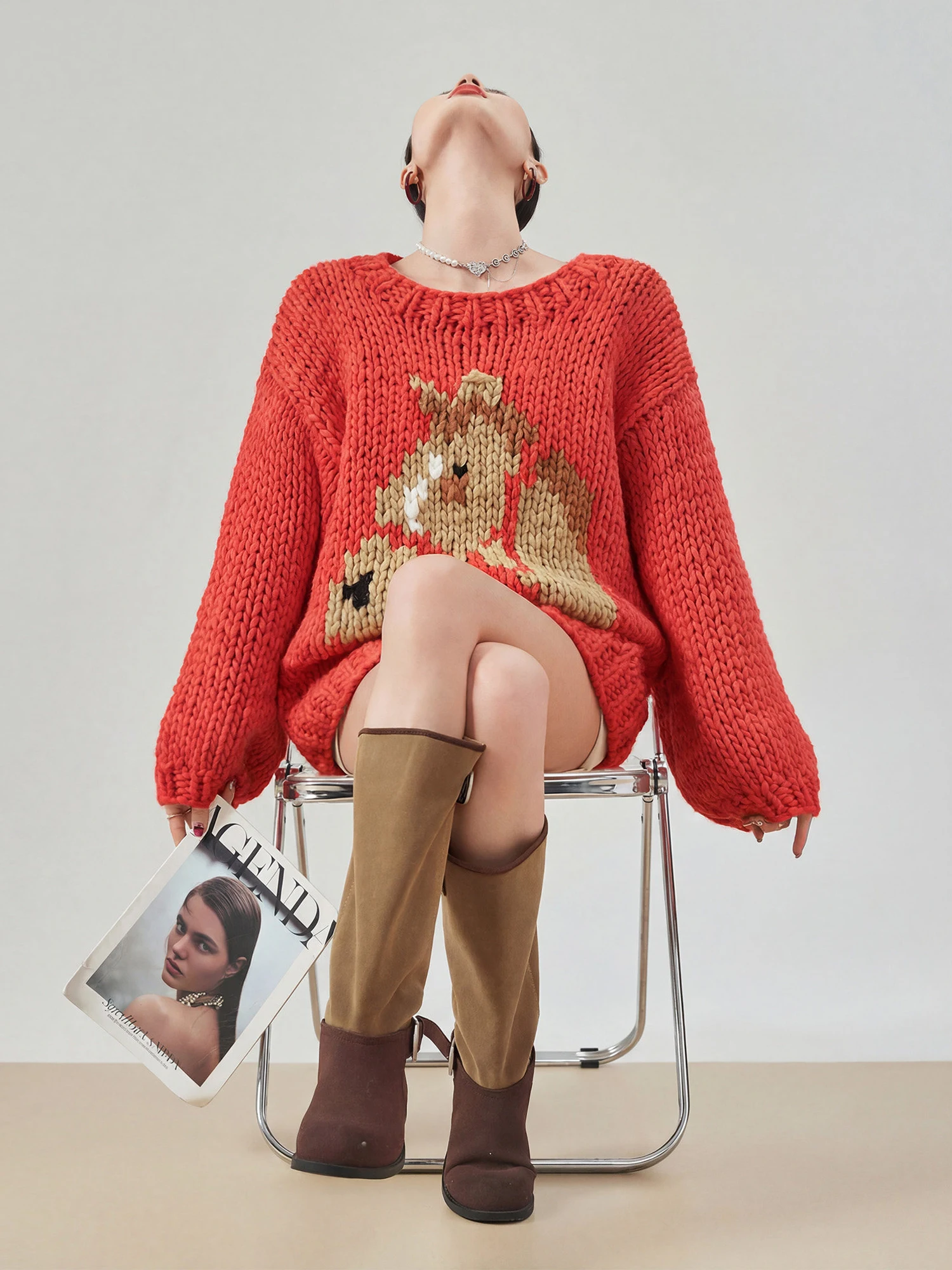 

Свободный корейский утепленный вязаный свитер с длинными рукавами для женщин, красный, крупной вязки, весенняя новинка, в стиле Lazy Feel