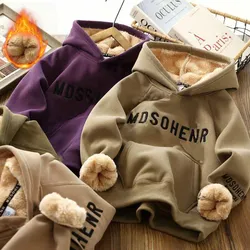 Winter Kids Thick Sweatshirt Clothes Autumn Boys Girls Lamb's Wool Padded Warm Hoodies Big Children Letter Print Pullover Tops