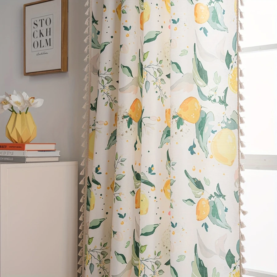 1PC Floral Tassel Sheer Curtains, Lemon Leaf Print, Digital Print, Linen Polyester, Bedroom Kitchen Bathroom, Home Decor