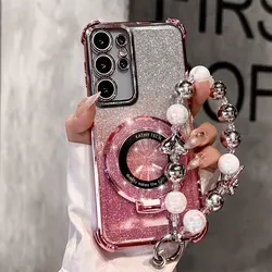 S24FE Bracelet Ring Shockproof Case for Samsung Galaxy S24 Plus S23 S22 Ultra A55 15 A25 35 A53 A54 Glitter Stand Holder Cover