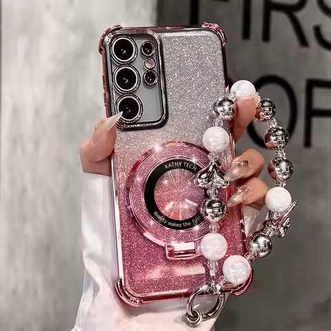 S24FE Bracelet Ring Shockproof Case for Samsung Galaxy S24 Plus S23 S22 Ultra A55 15 A25 35 A53 A54 Glitter Stand Holder Cover