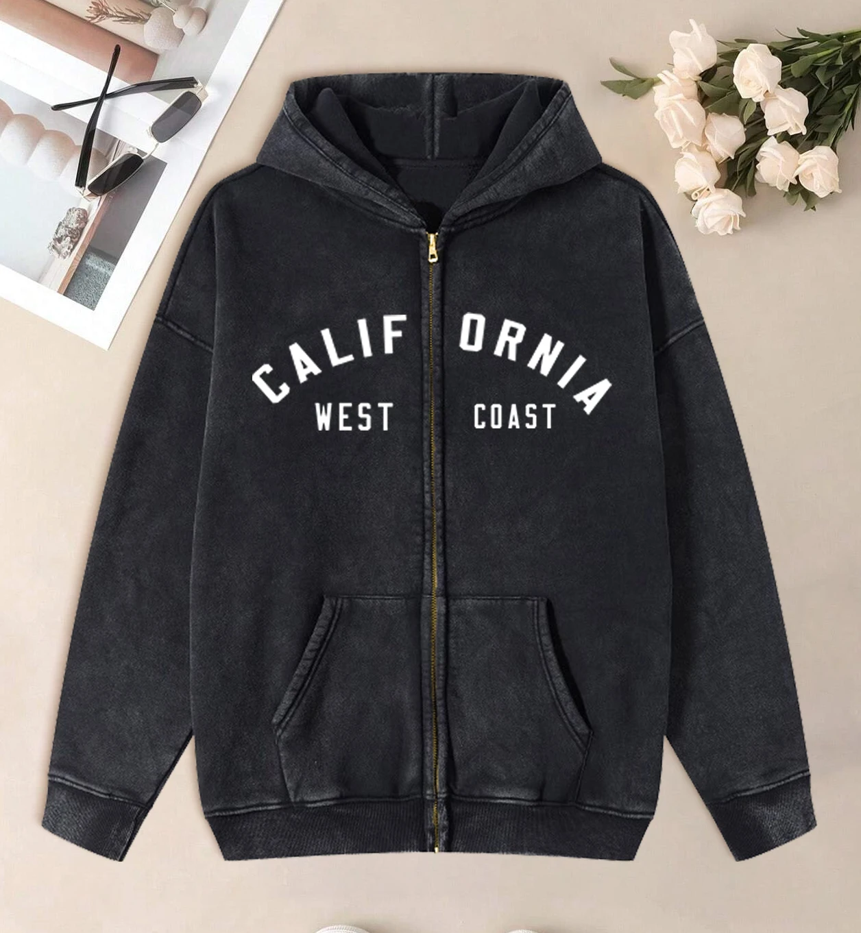 California West Coast Creative Printed Women Washed Zipper Hoodie All-Match Cotton Hoody Vintage Casual Clothes Autumn Loose Top