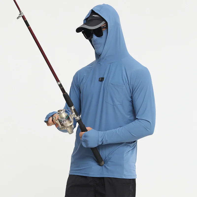 UPF50+ Mens Fishing Shirt Quick Dry Cooling Sun Protection Hooded Mask Long Sleeve Stretchy Mesh Rash Guard for Surfing Outdoor