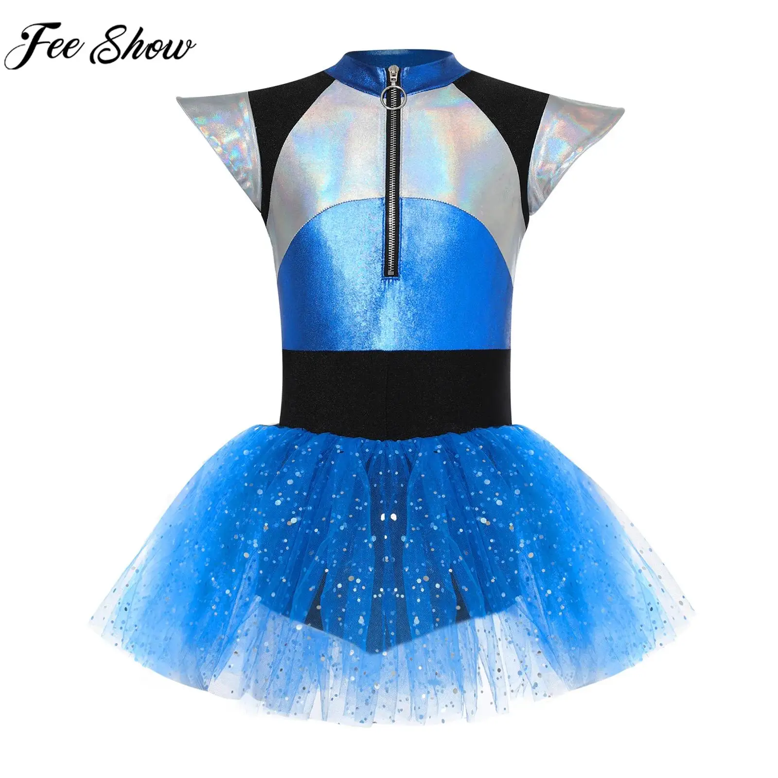 Children Girls Alien Cosplay Cheerleading Dance Performance Costume Short Sleeve Shiny Leotard Tutu Dress for Halloween Carnival