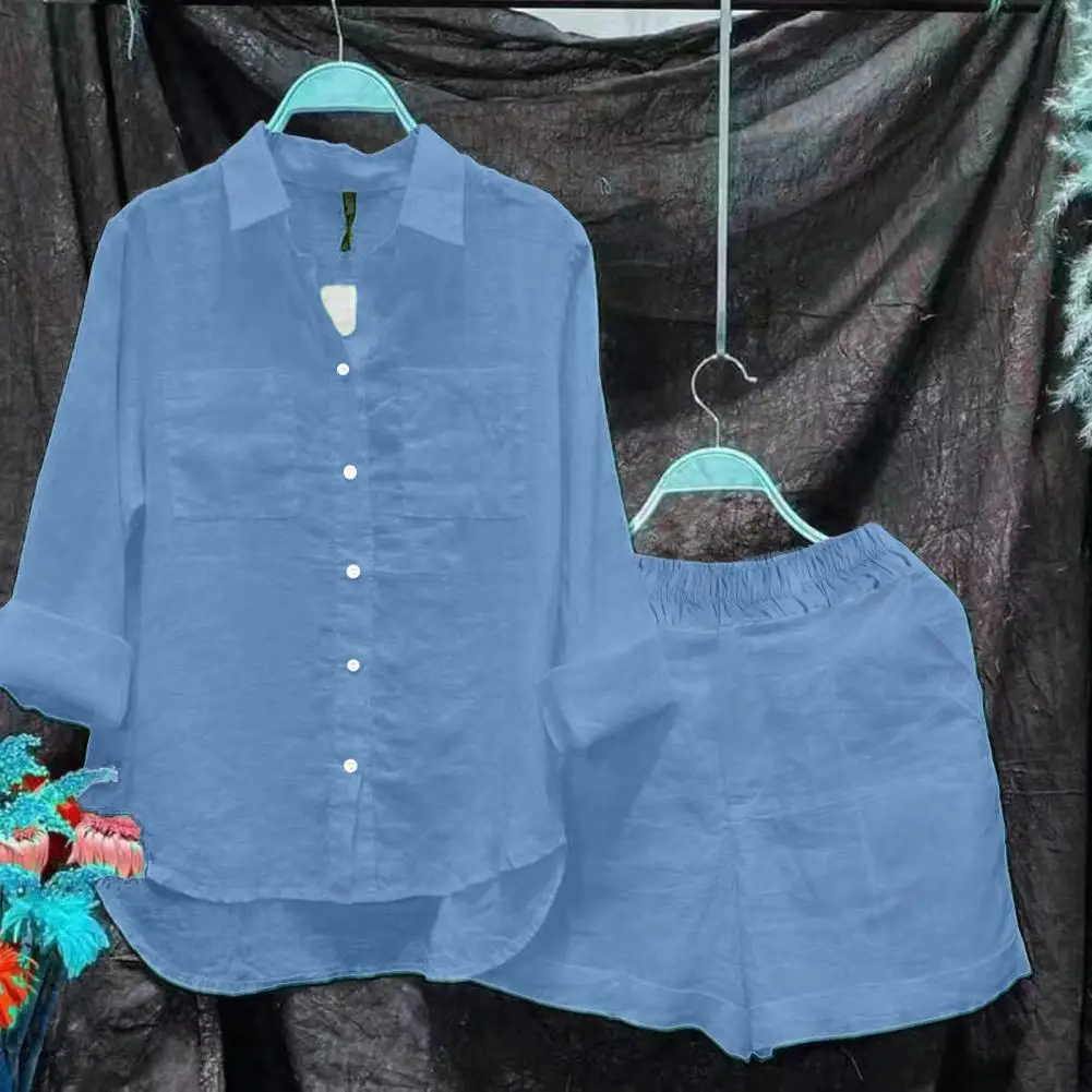 Ensemble Chemise et Short Décontractés pour Femme, Tenue à Manches sulf, Ourlet Irrégulier, Poches Plaquées, Automne et Printemps