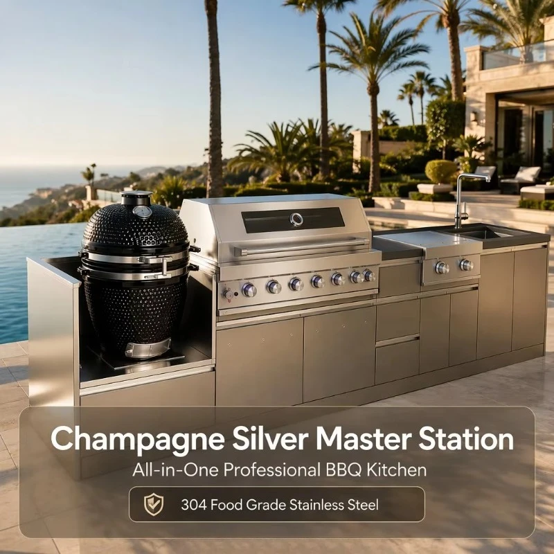 Luxury Modern 304 Stainless Steel Powder Coated Outdoor Kitchen Cabinet Complete Set with Gas BBQ Grill