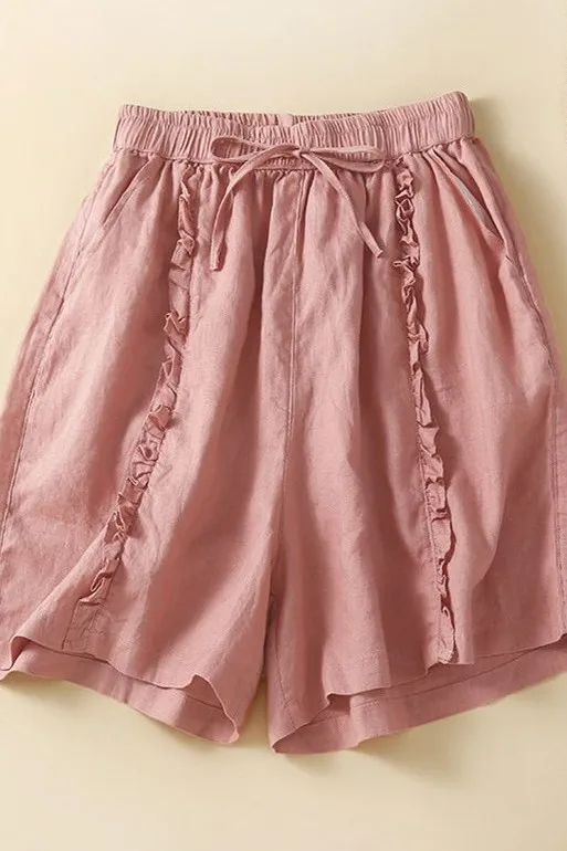 2025 صيف جديد الكتان السراويل النسائية خمر كشكش التعادل الخصر مطاطا واسعة الساق سراويل تقليدية