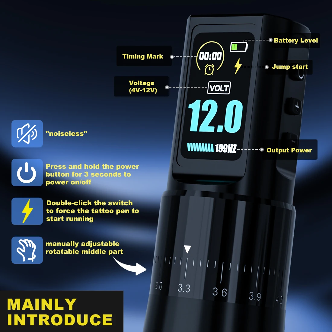 Wireless Rotary Tattoo Pen with Adjustable 2.4-4.2mm Stroke Display 1800mAh 4-12V Cartridge Needle Professional Tattooing Access
