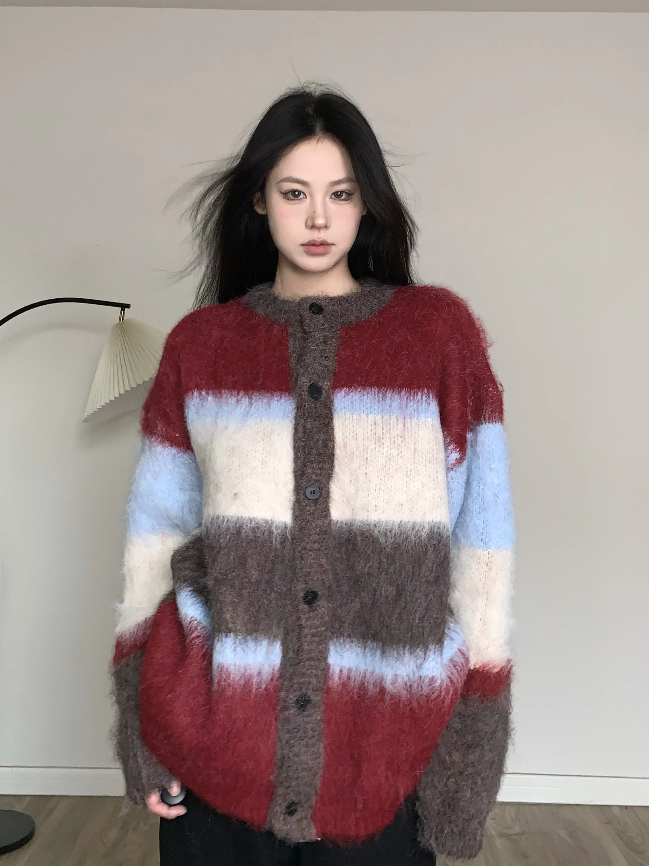 

BabyStudios Thiened Knitted Stripe Sweater Coat Women's Warmth Cardigan Street Sle Long Sve Mid-Length Open Design