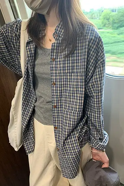 Chemise à carreaux bleu américain Blusas De Mujer Camisas Fairycore Gyaru Acubi Alt Grunge Chic chemises et chemisiers De Style paresseux haut ample