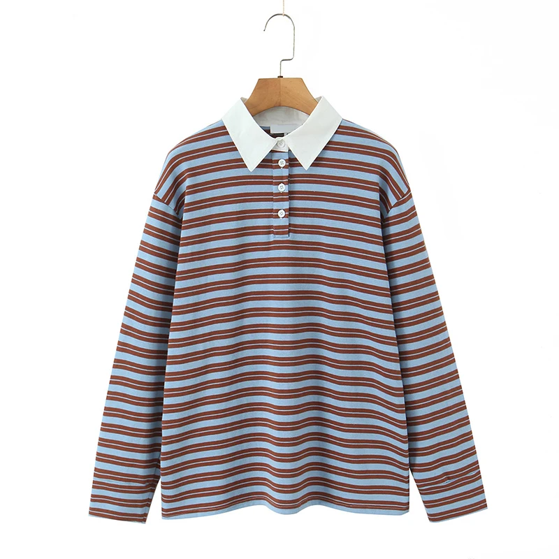 

YENKYE универсальная полосатая футболка с воротником с лацканами и длинными рукавами, женские весенне-осенние повседневные свободные футболки