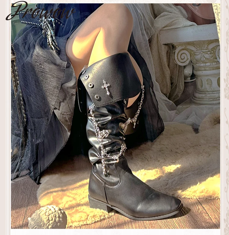 

Нишевые сапоги до колена в американском стиле в стиле панк с перекрестными острым носком, женская обувь Zapatos Mujer