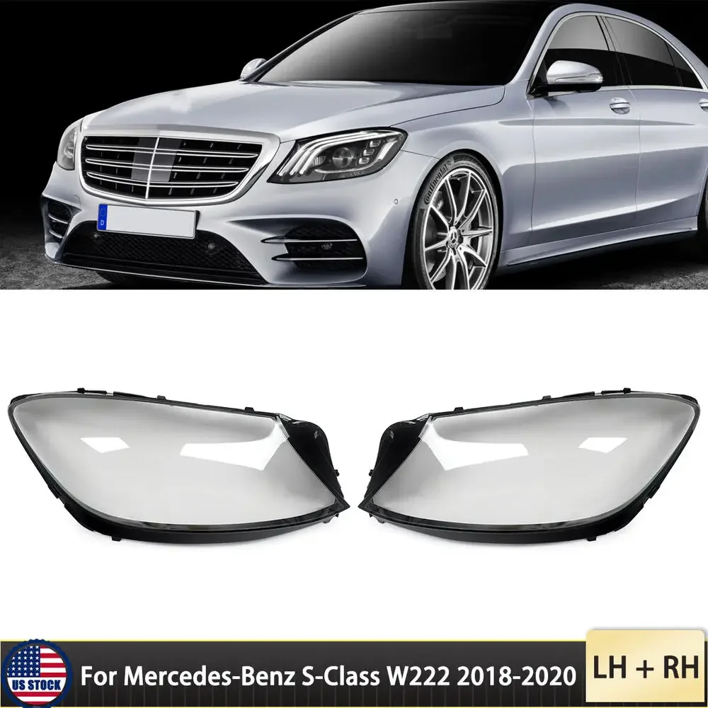 For Mercedes-Benz S-Class W222 2018-2020 Front LH+RH Headlight Lens Cover Pair