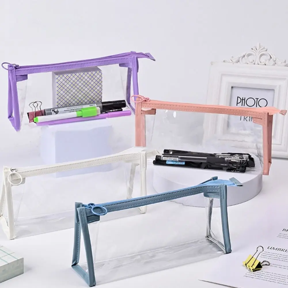 Fashion Transparent Triangular Pencil Case PVC Large Capacity Storage Bag With Zipper Stationery Holder Bag Student