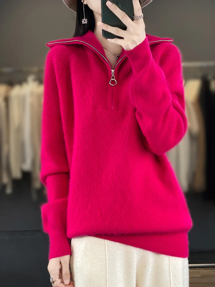 

Aliselect Women 100% Mink Cashmere Sweater Zipper Pullover Long Sleeve Casual Loose Knitwear Jumper Korean Fashion Thick Tops