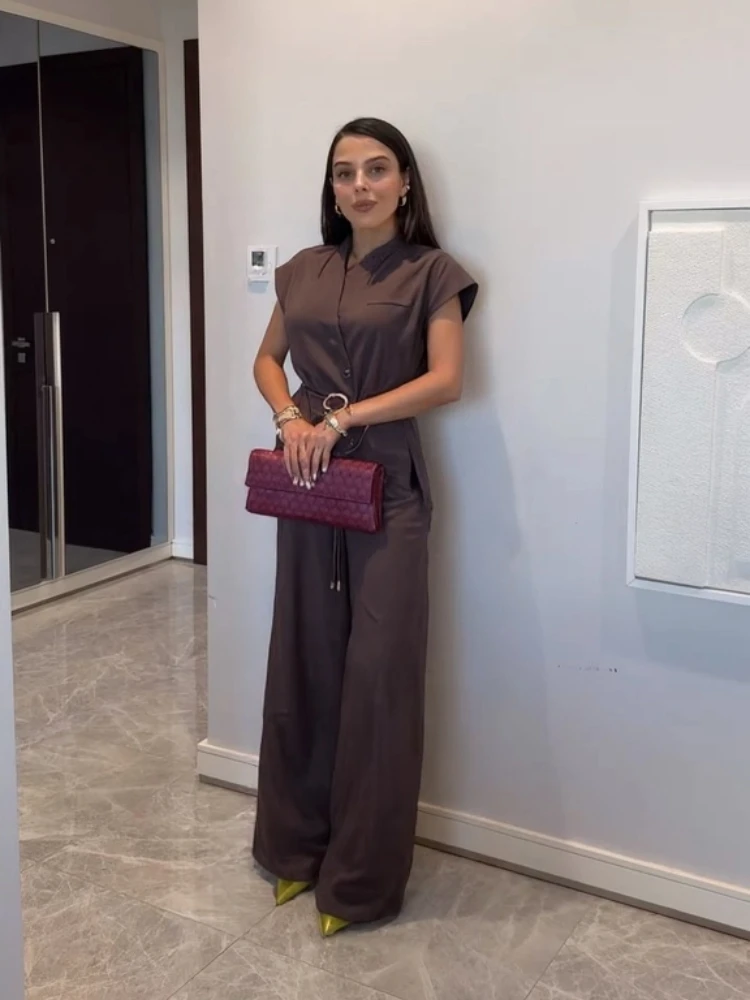 

V-neck Lace Up Top Wide Leg Trousers Suits Women Chic Shoulder Pad Sleeve Double Breasted Tops High Waist Pants New Autumn Sets
