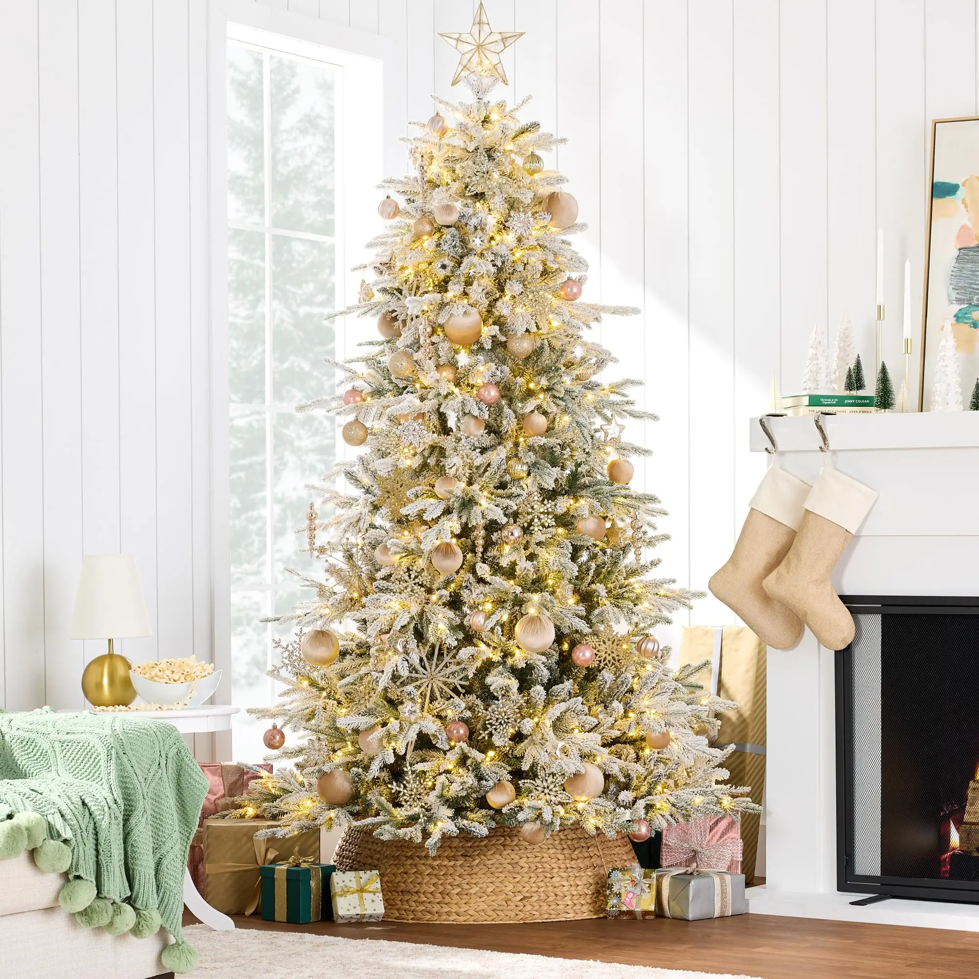 Full Flocked Aspen Christmas Tree, 6ft Pre-lit Realistic Noble Fir w/ 450 Glowing LED Lights, 2-in-1 White & Multicolor