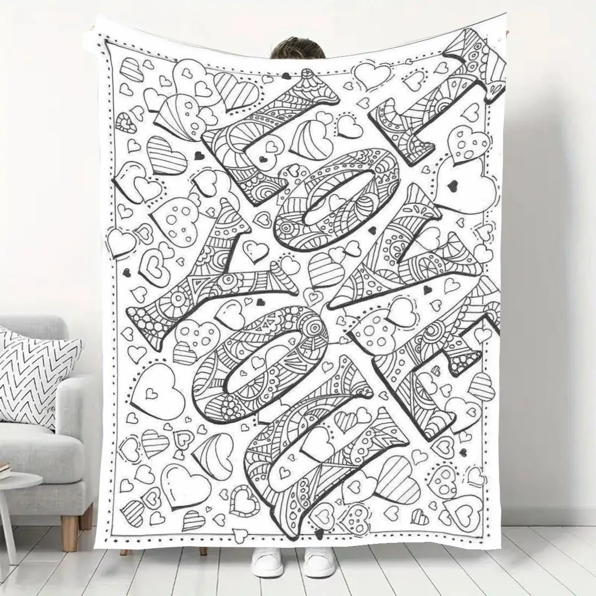 Zentangle LOVE Heart Flannel Blanket, Black White Line Doodle Love Letter Print Soft Throw for Bedroom Sofa Romantic Home Decor