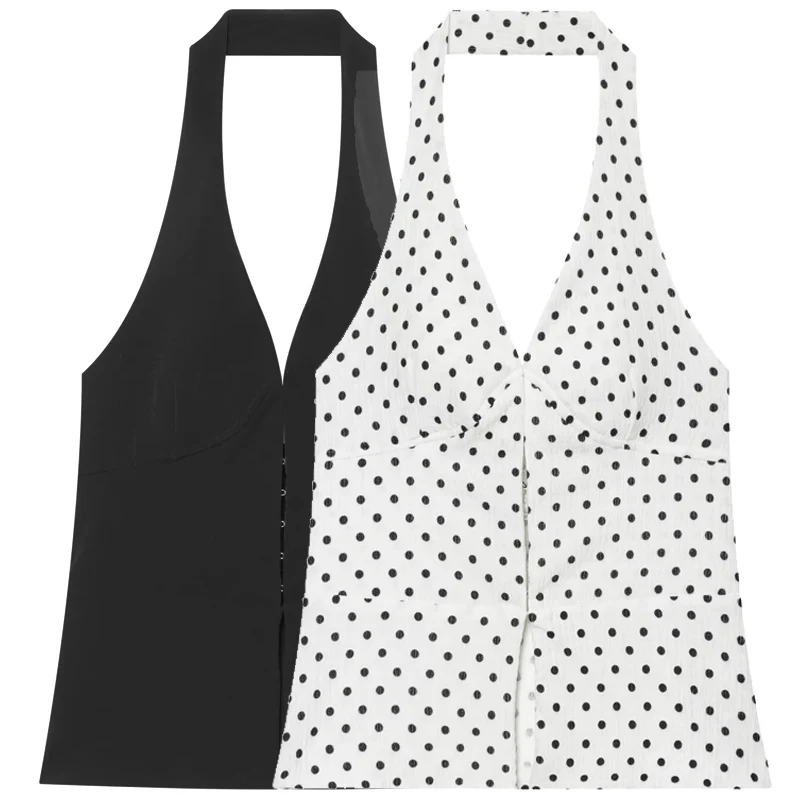 HXAO 2026 Women's Sexy Crop Halter Top Summer Chic Black Brown Off Shoulder Backless Tops Casual Polka Dot Slim Sleeveless Vests