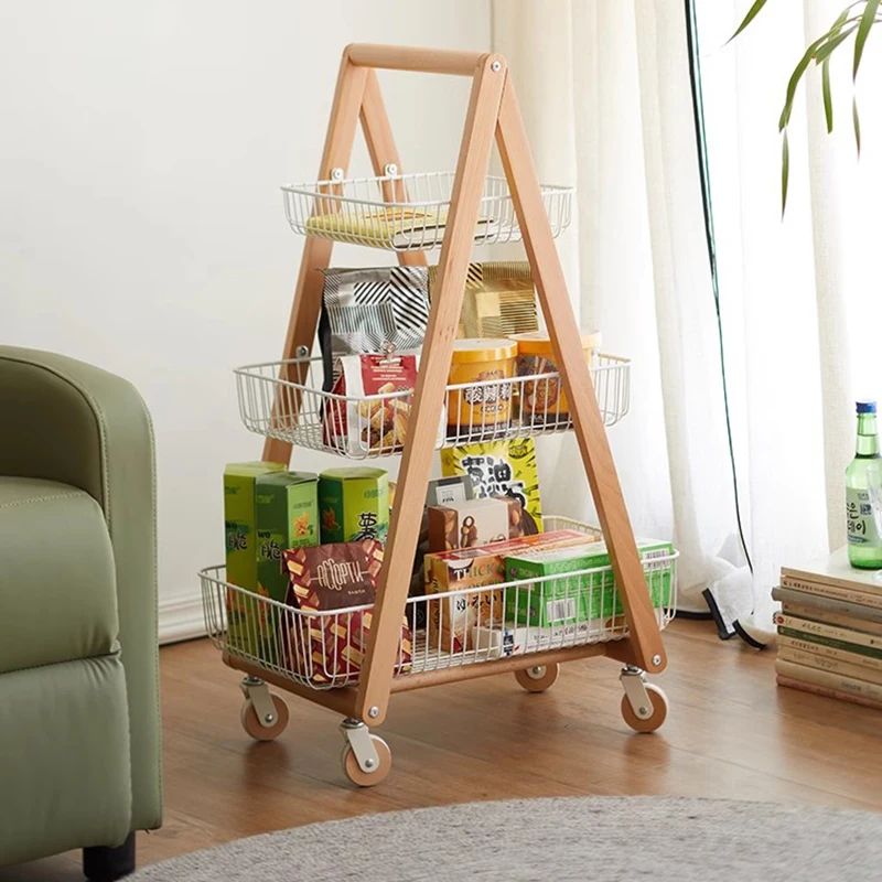 Solid Wood Household Small Cart Living Room Movable Storage And Storage Rack Multi-layer Wheels Storage Rack Salon Furniture