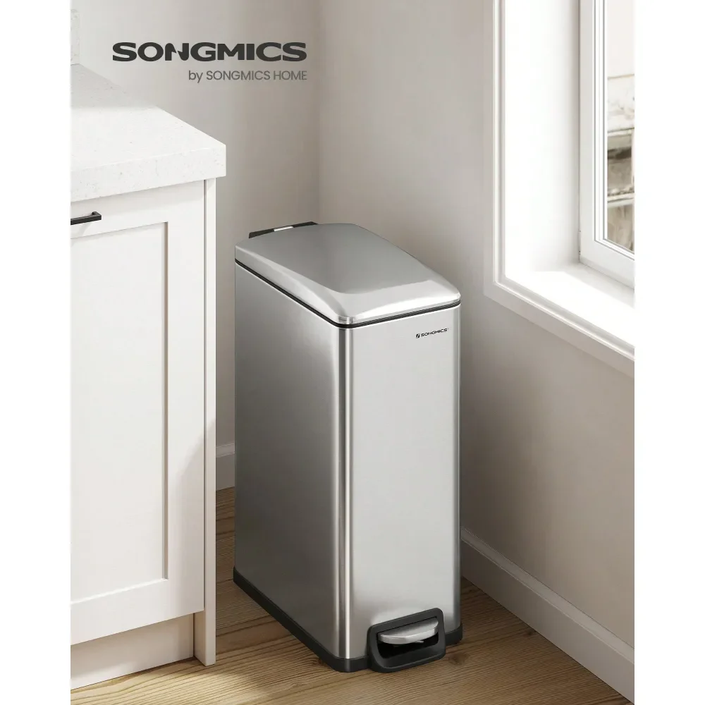 

Slim Trash Can, 13Gallon 50 L Garbage Can For Narrow Spaces With SoftClose Lid, Inner Bucket, And StepOn Pedal, Stainless Steel