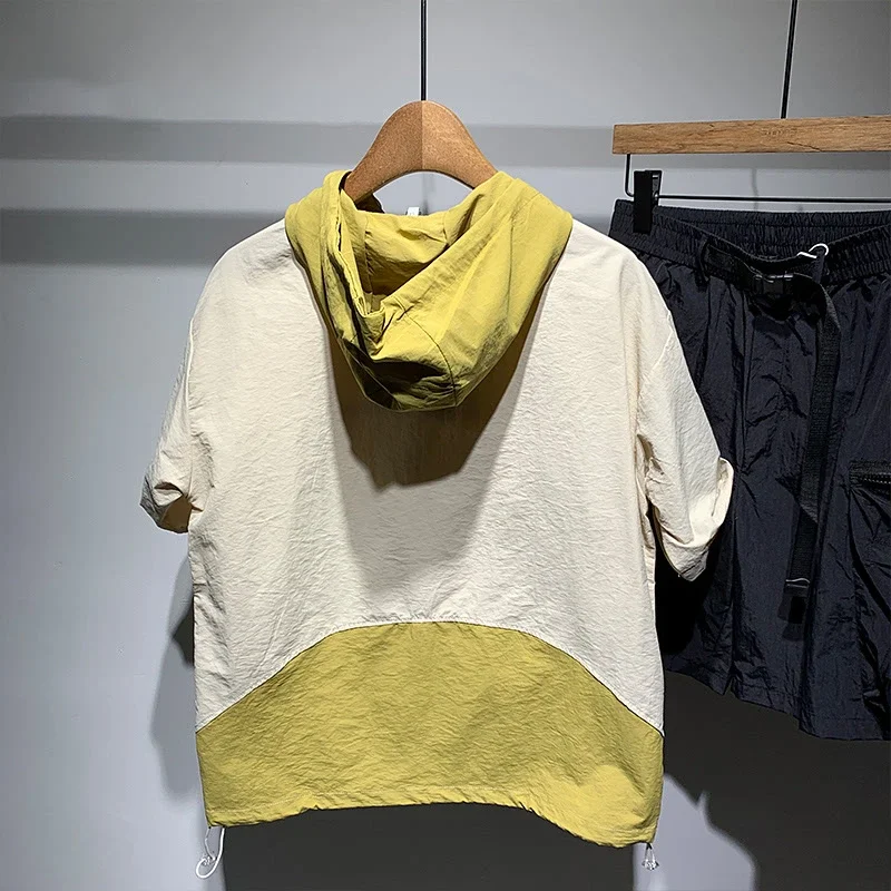 Men's Golf T-shirt Loose Drawstring Tooling Hooded Top Men's Summer Stitching Shoulder Short Sleeve T-shirt Fashion Golf Wear