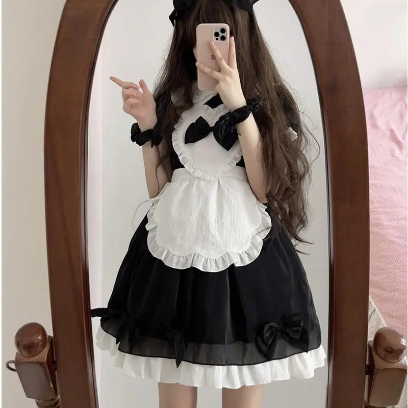 Japanese Kawaii Lolita Dress Women Gothic Bow with Apron Puff Short Sleeve Mini Dresses Sweet Peter Pan Collar Princess Vestidos