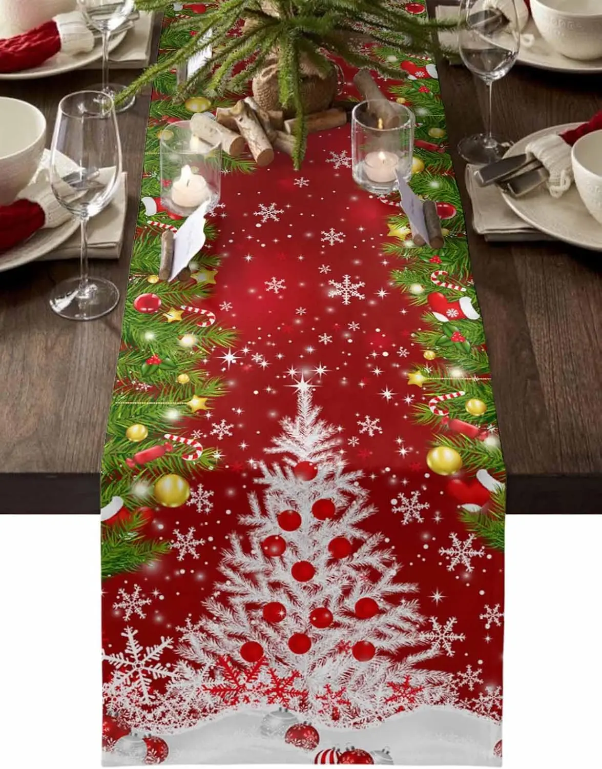 Christmas Tree Snowflake Ball Linen Table Runner Dining Tabe Decor Winter Xmas Table Runners Dresser Scarf Christmas Decorations