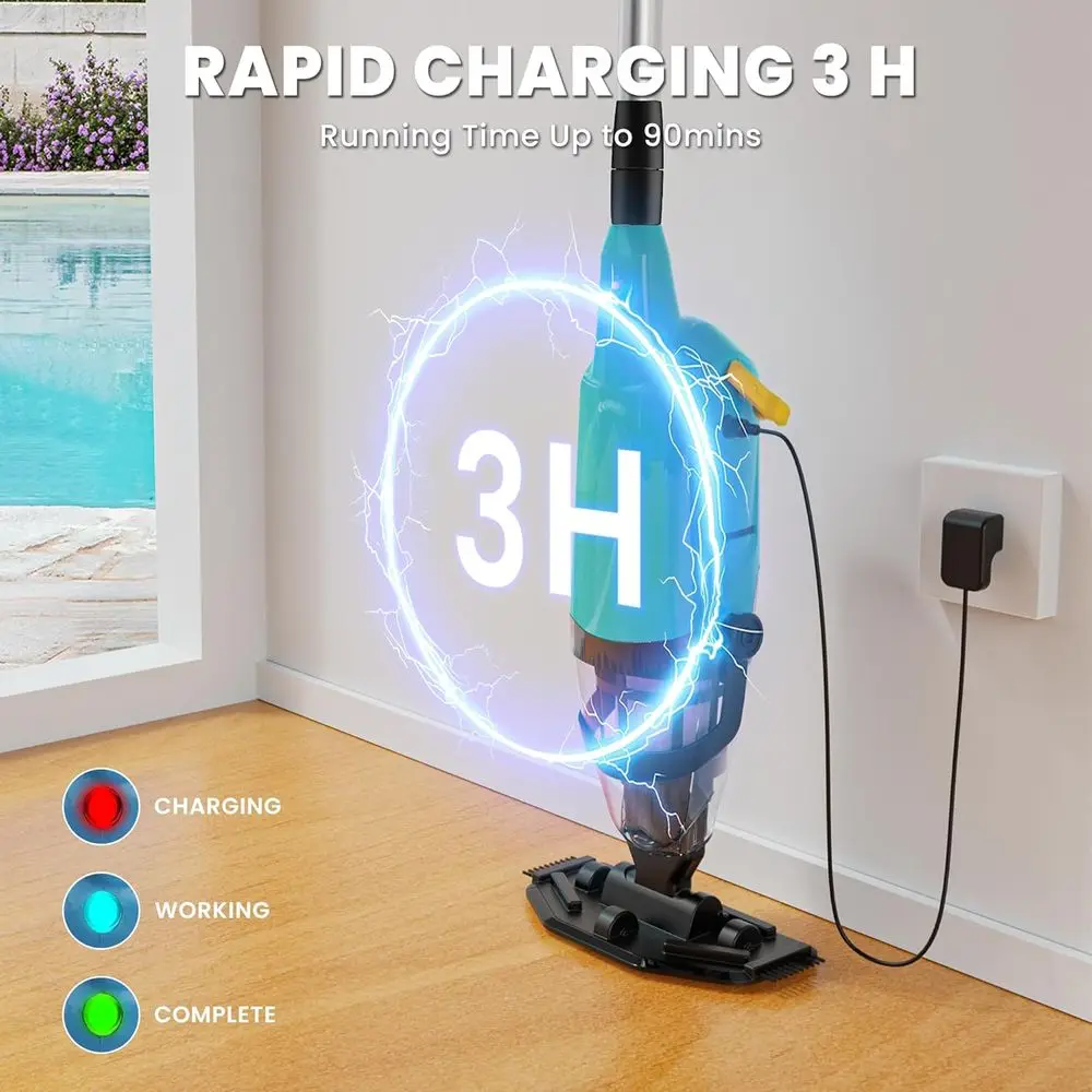 90-Minute Runtime Cordless Above & In-Ground Pool Vacuum Cleaner - Fast 3H Recharge for Hot Tub Use (Green)