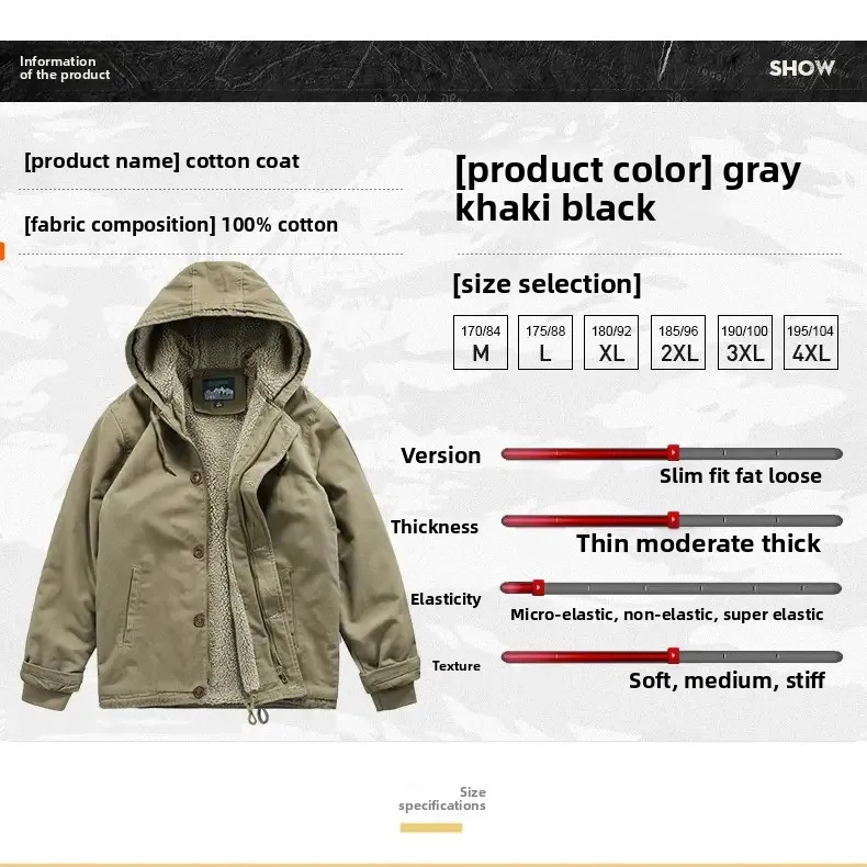 سترة قطنية قصيرة فضفاضة بغطاء للرأس دافئة للرجال مع بطانة من الصوف لمعطف الشتاء السميك والمبطن بالقطن