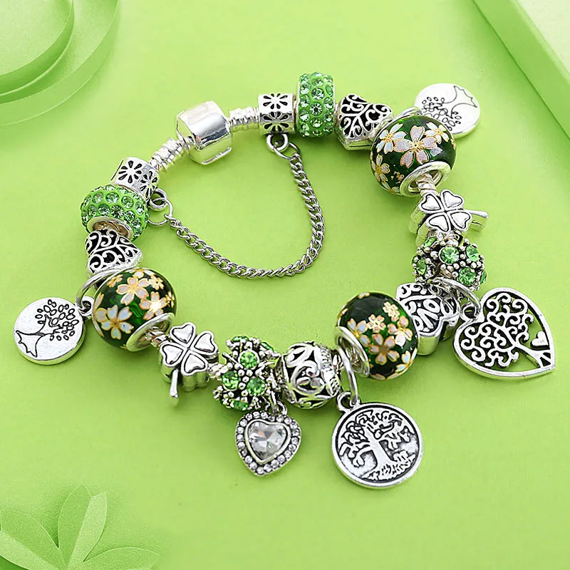 Neues trendiges silberfarbenes Baum des Lebens-Charm-Anhänger-Armband als Geschenk, 5-farbiges Kristall-Blumenblatt, DIY-Pflanzenperlen-Armband, Schmuck