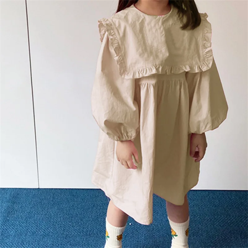 Korean Children New Dress Girls Autumn Fashion Casual Loose College Style Turn-down Collar Puff Sleeve Mid Length Dress