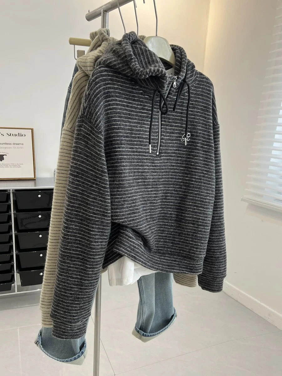 

Korean Sle Loose Striped Hoodie Sweatirt Men Women Spring Autumn Vintage Slimming Versatile Belly Covering Top