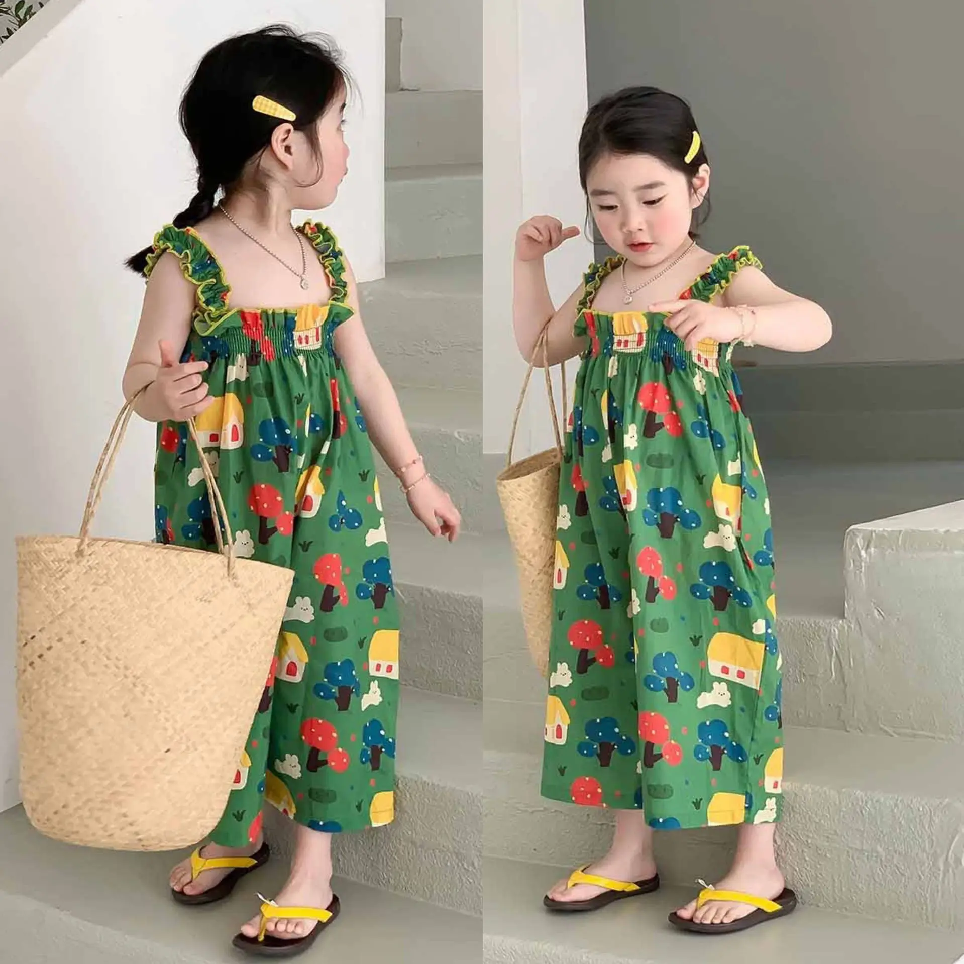 Girls' Suspender Pants Summer Outfit New Korean Version Breathable Cartoon Jumpsuit One-piece Cropped Pants for Children 2-7Y