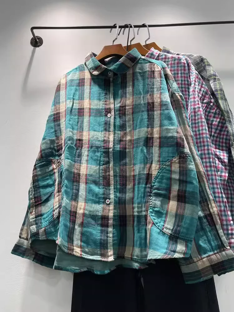 2025 여성용 격자 무늬 셔츠 플러스 사이즈 탑 코튼 원사 세련된 긴 소매 체크 셔츠 여성용 일본 스타일 루즈 탑