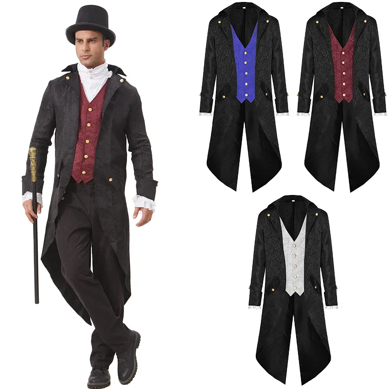 Men's Steampunk Victorian Tailcoat, Medieval Jacquard Gothic Long Coat Fake Two-Piece Formal Tuxedo for Halloween Cosplay