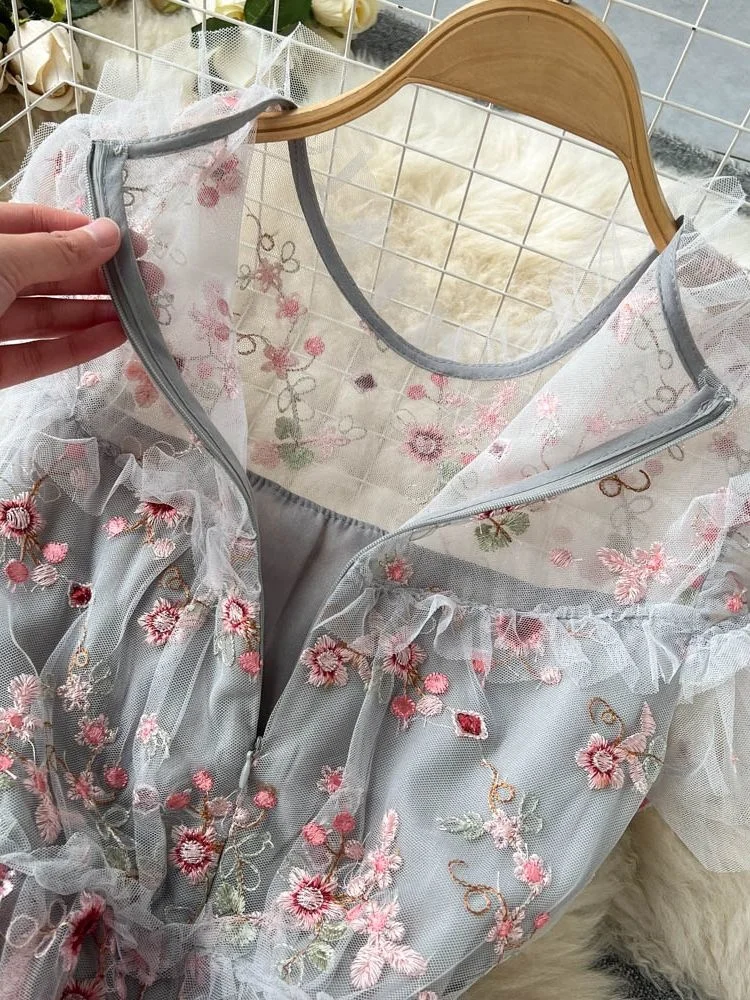 المدرج الصيف زهرة التطريز كعكة فستان المرأة تول شبكة قصيرة الأكمام المتتالية الكشكشة ماكسي طويل حفلة فساتين رائع #4