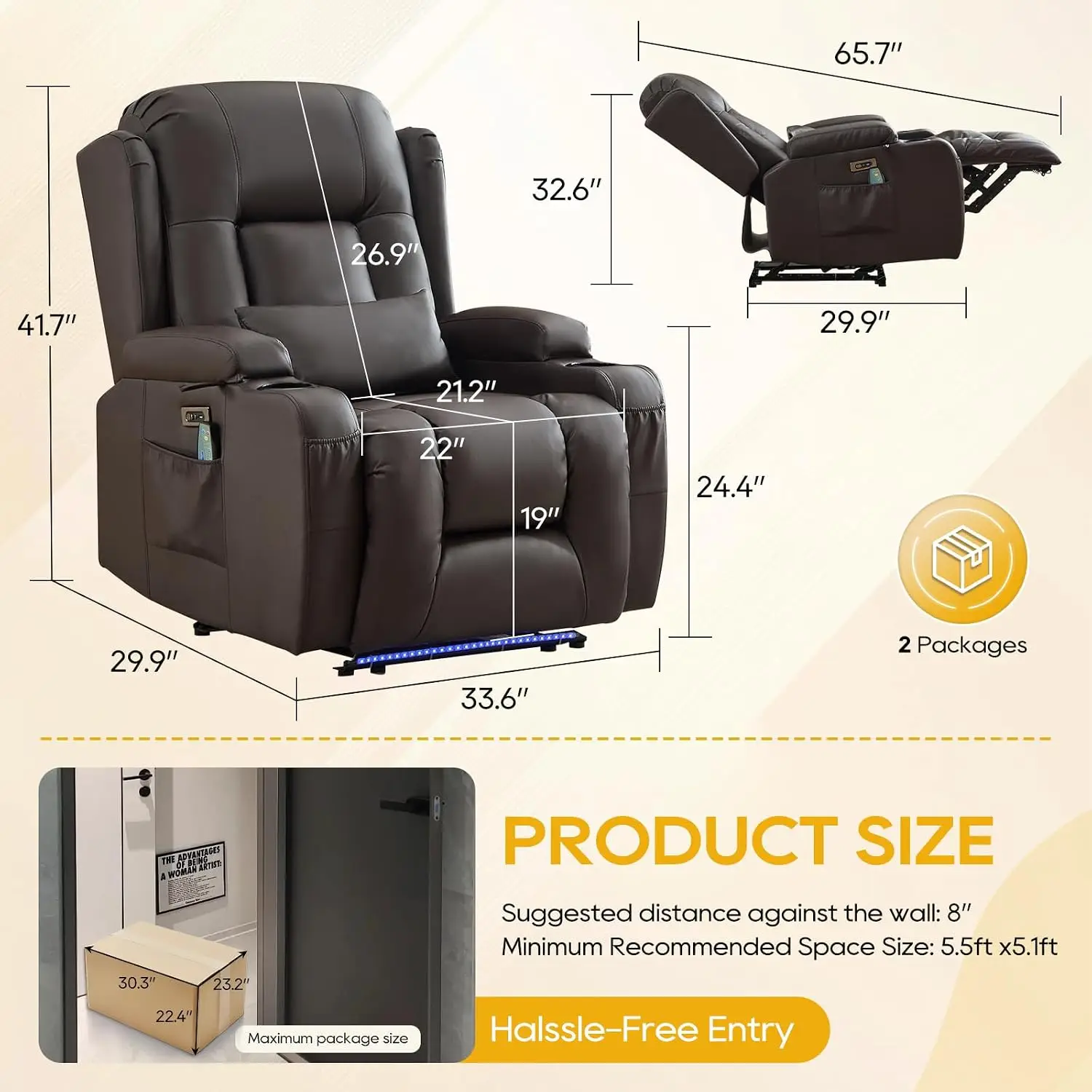 Power Recliner Chair for Adults, Wall Hugger RV Recliners with LED Lights/USB Ports/Pillow/Side Pockets,, Customized