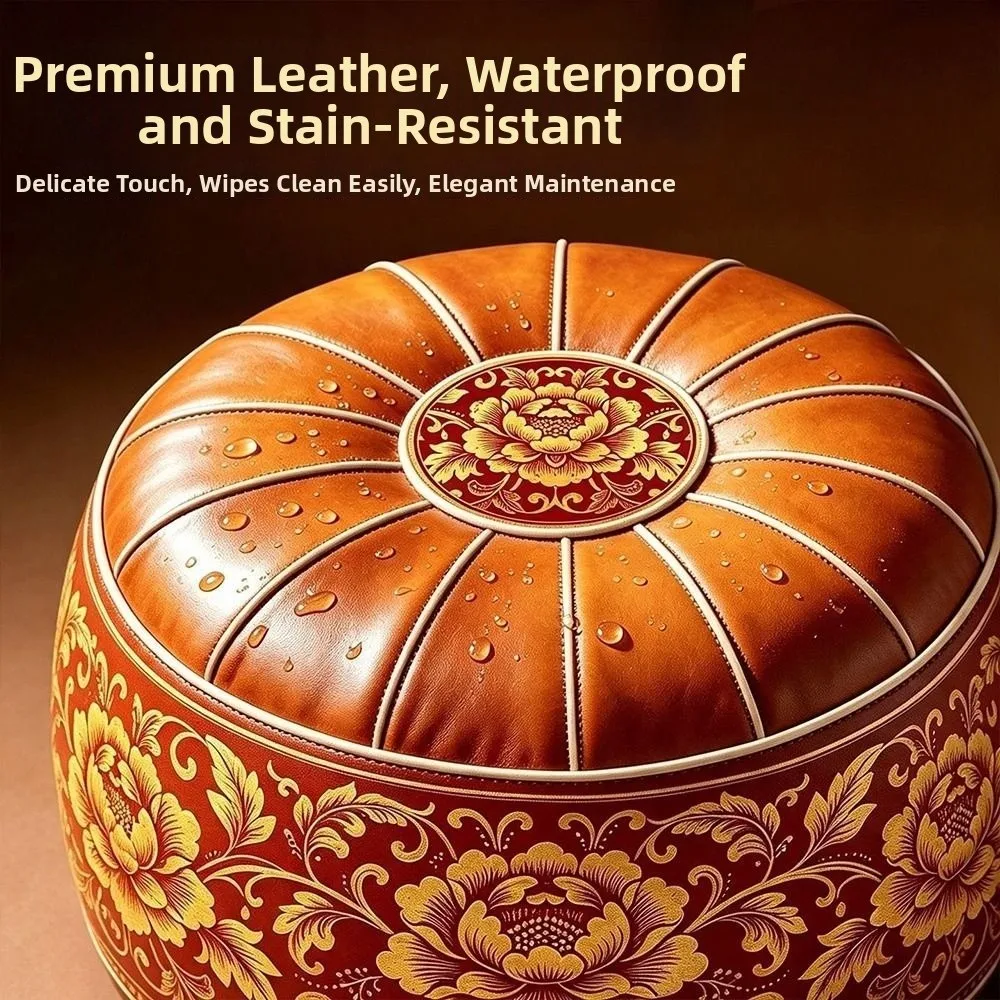 New PU Leather Fillable Ottoman Pouf Embroidered Pattern Moroccan Style Round Pouf Cover Round Shape Floor Seat Cushion Home Use