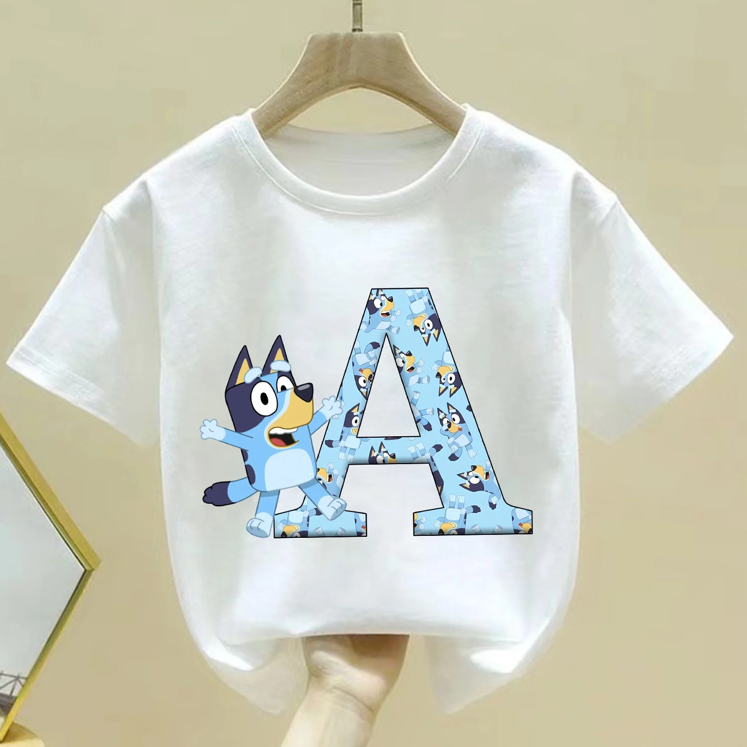 Blueys New T-shirt for Children  A-Z Letters Tee Top Cute Cartoon Boys Girl Clothes Anime Kids Short Sleeve White Loose Clothing