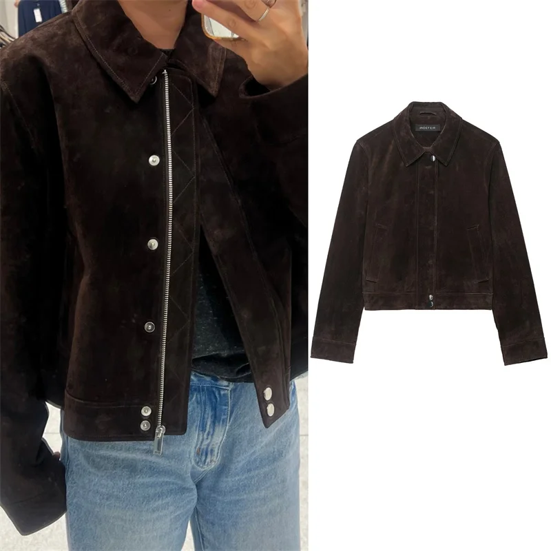 

Women's Coat 2025 Autumn New Style Dark Brown Long Sleeve Zipper Simple Short Jacket Casual Fashion Versatile and Stylish