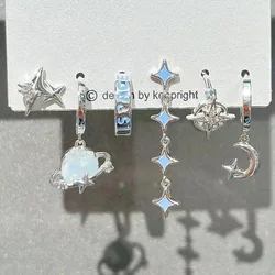 6PCS Set Silver Color Blue Star Dangle Earrings Vintage Metal Geometric Drop Earring for Women Fashion Trendy Y2K Goth Jewelry