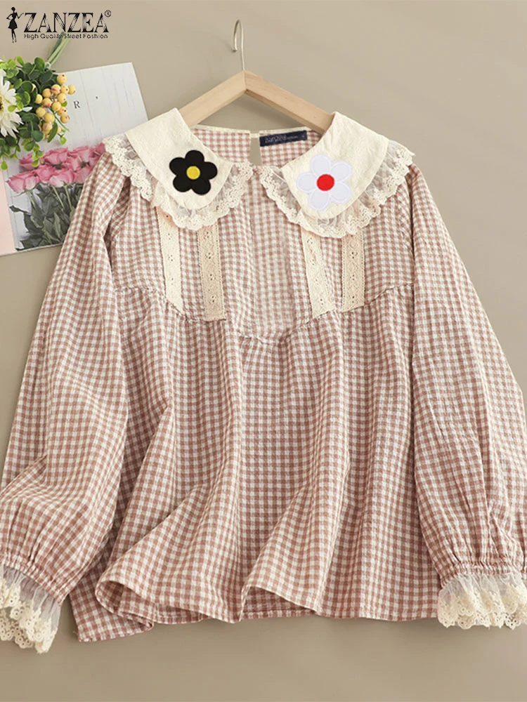 ZANZEA 2024 blusa de retazos de malla para mujer, camisas dulces con cuello de muñeca, túnicas informales de manga larga con farol, Tops empalmados con cordones Vintage